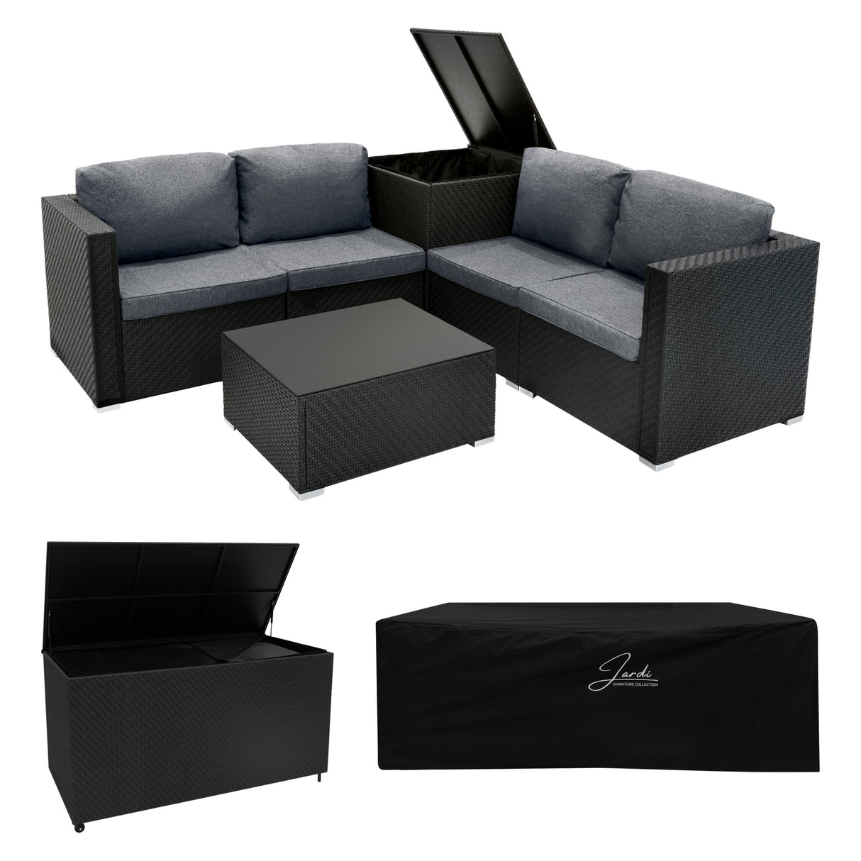 Salon de jardin modulaire en rotin noir, 6 pièces avec coussins gris, table basse et coffre de rangement de 700 L ouvert