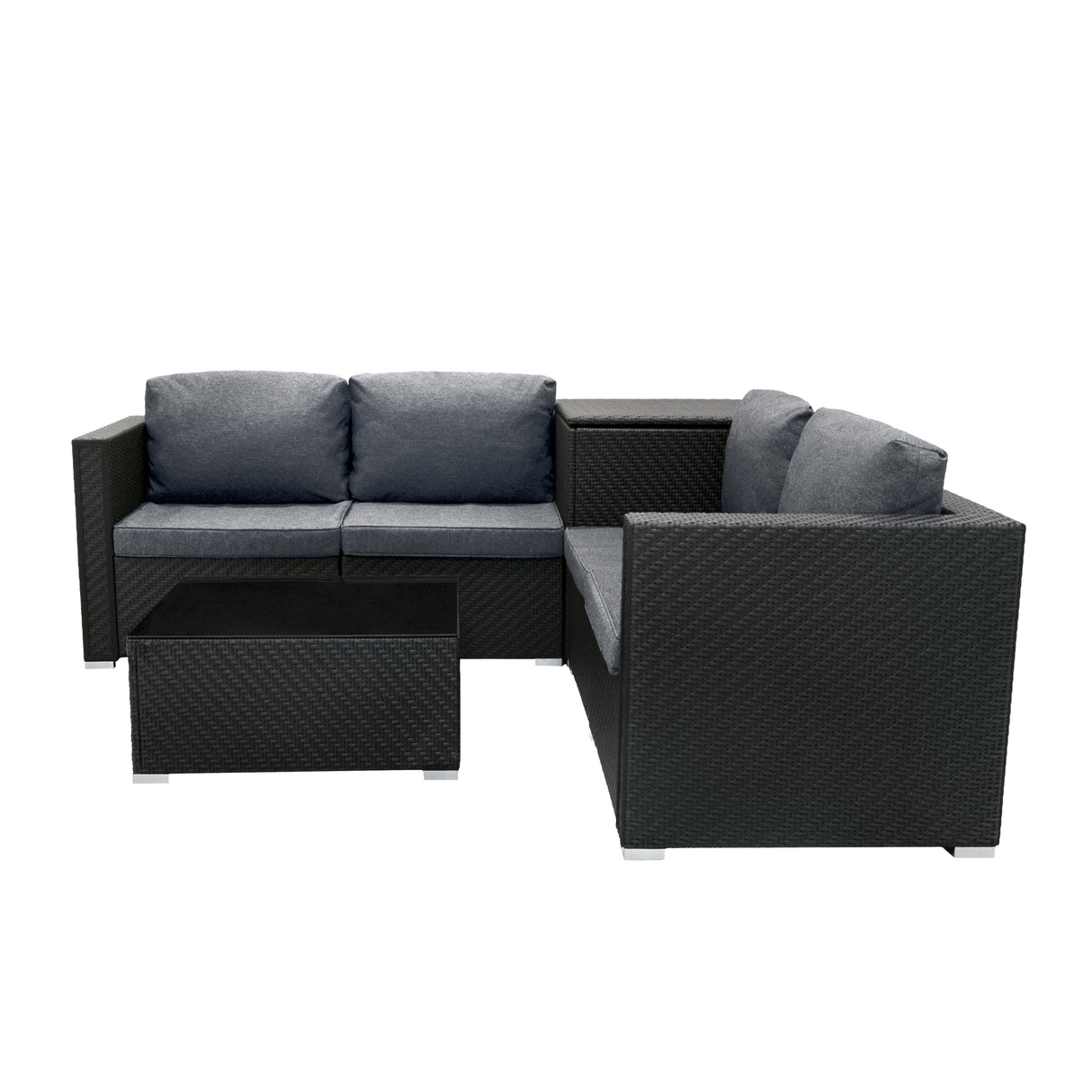 Salon de jardin modulaire en rotin noir avec coussins gris, comprenant un canapé en L et une table basse élégante, design moderne