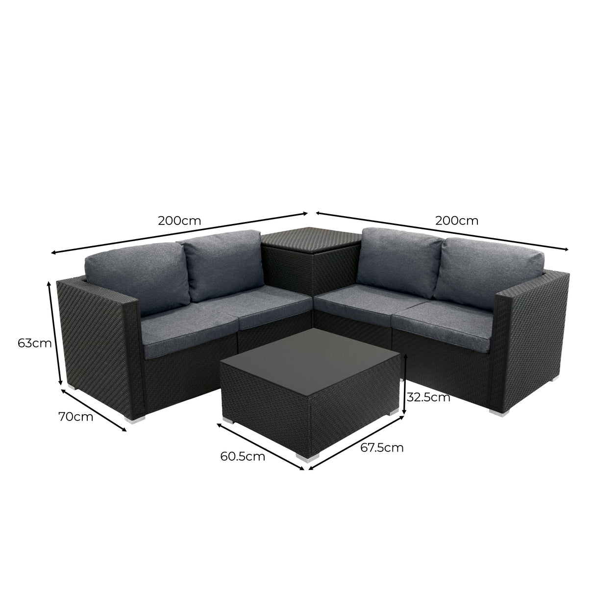 Salon de jardin modulaire en rotin noir avec coussins gris, comprenant un canapé d'angle et une table basse, dimensions incluses