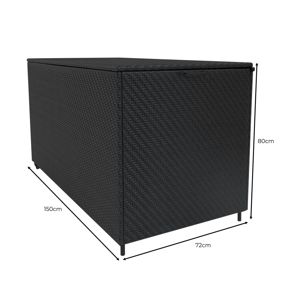 Coffre de rangement en rotin noir, dimensions 150 cm x 72 cm x 80 cm, texture tissée, idéal pour le jardin et le rangement extérieur