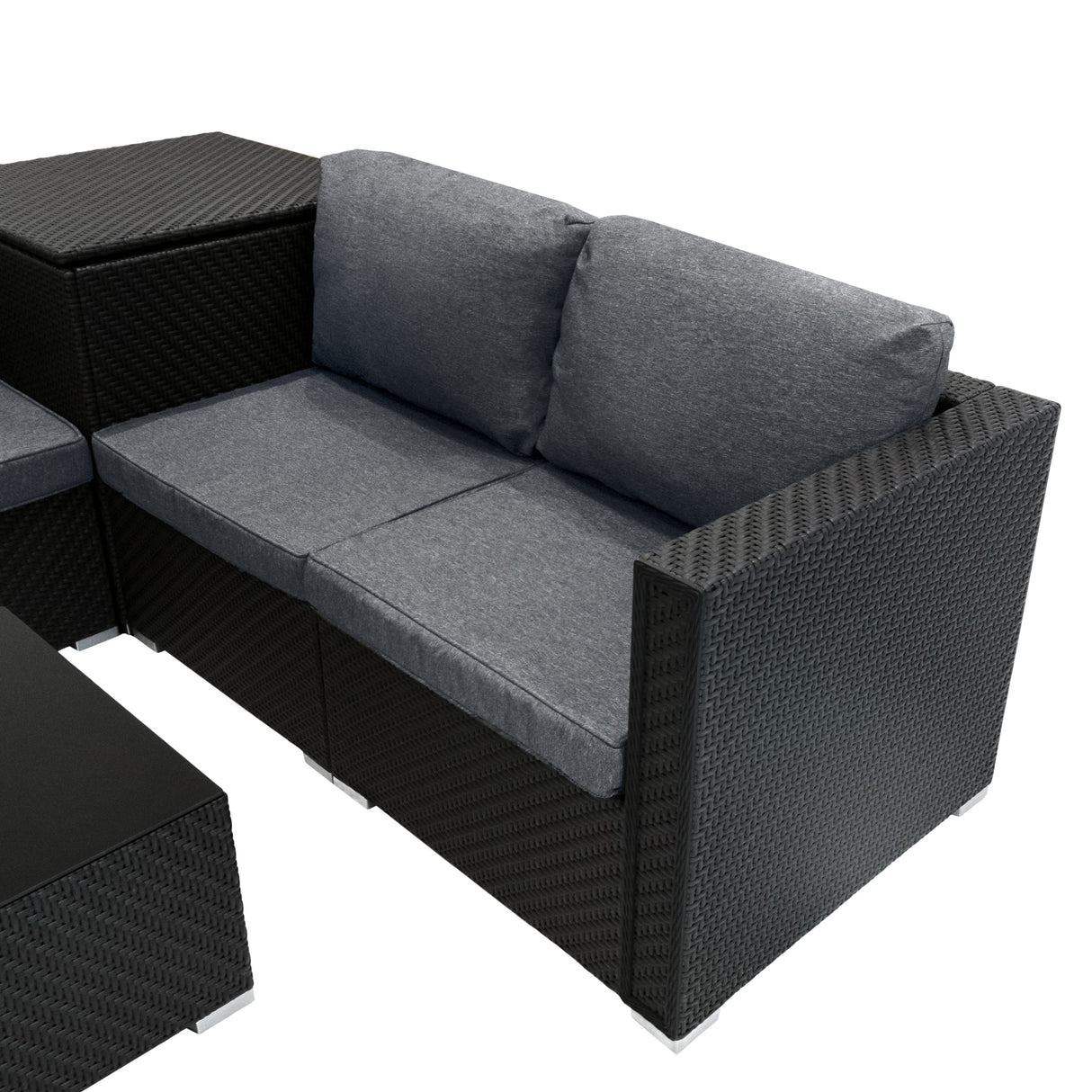 Salon de jardin modulaire en rotin noir avec coussins gris, design élégant et moderne, idéal pour l'extérieur et le rangement
