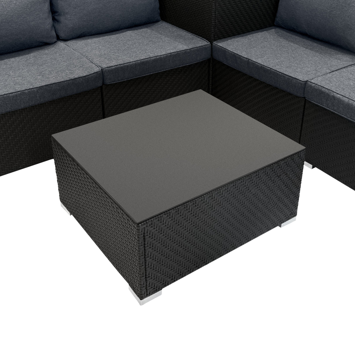 Salon de jardin modulaire en rotin noir avec coussins gris, table basse carrée et coffre de rangement de 700 L, design élégant et contemporain