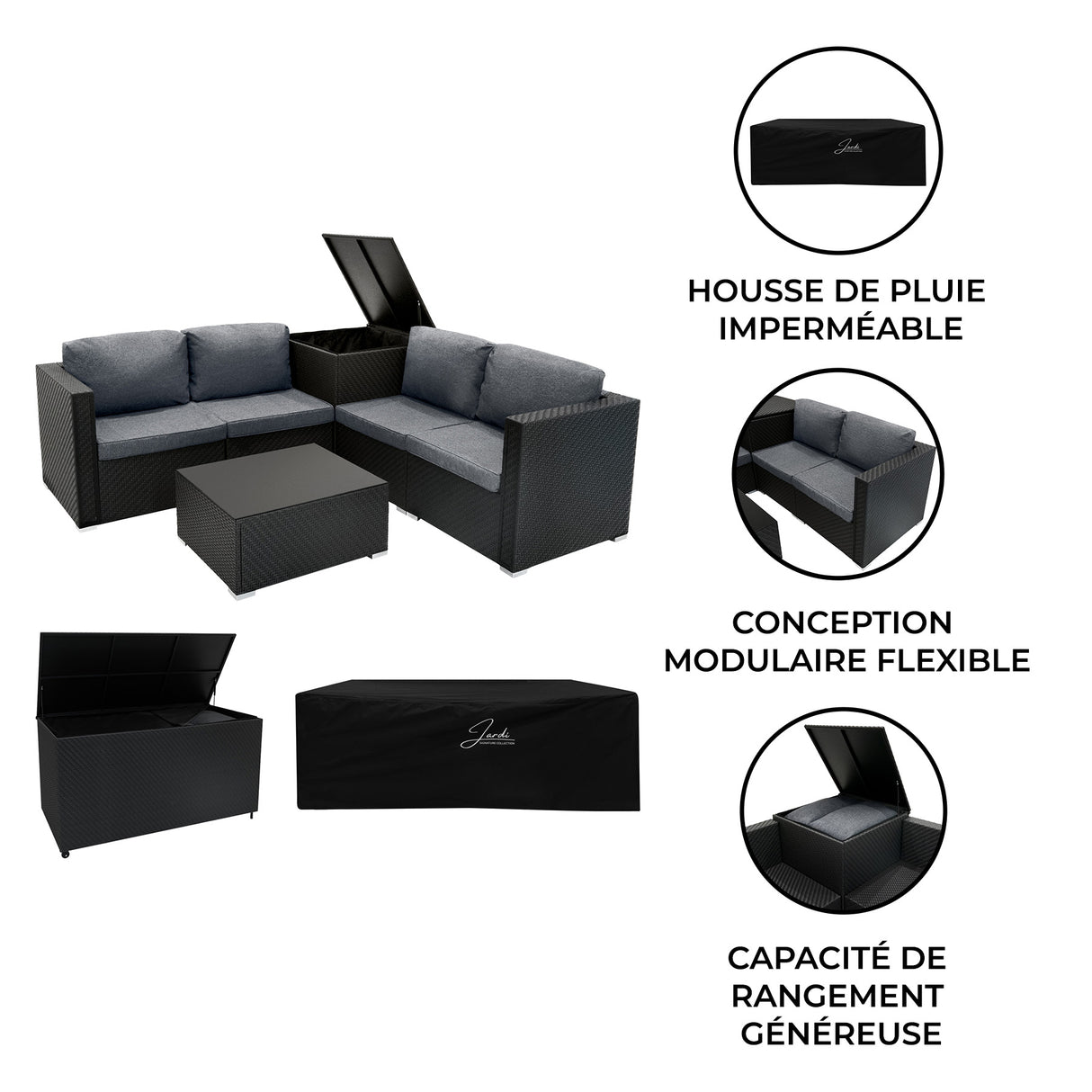 Salon de jardin modulaire en rotin noir avec coussins gris, table basse, coffre de rangement et housse imperméable