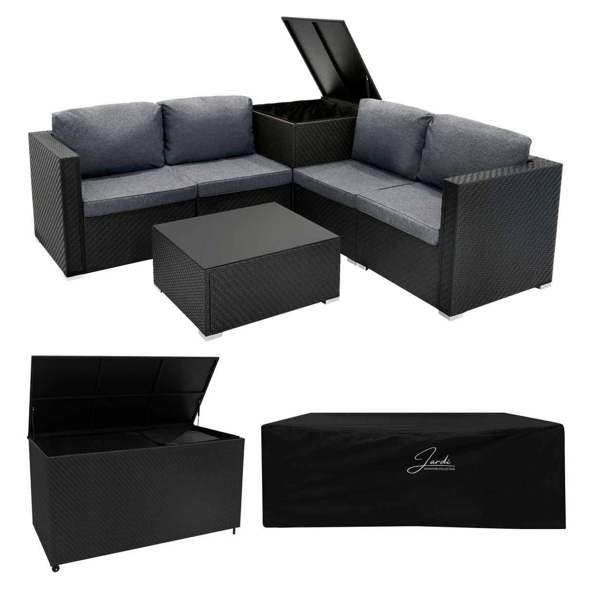 Salon de jardin modulaire en rotin noir avec coussins gris, table basse et coffre de rangement spacieux, design élégant et contemporain