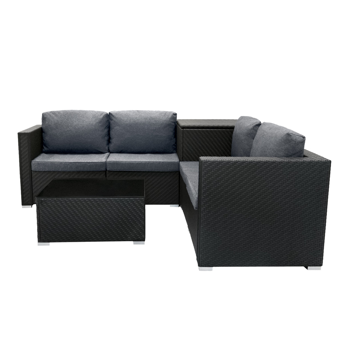 Salon de jardin modulaire en rotin noir avec coussins gris, comprenant un canapé en L et une table basse élégante