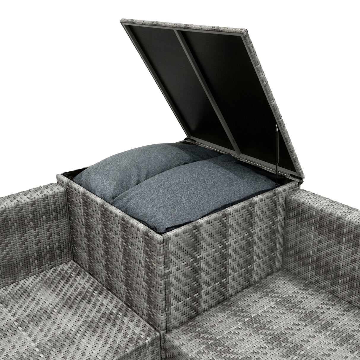 Coffre de rangement en rotin gris avec coussins moelleux, texture tissée, idéal pour un salon de jardin modulaire élégant et pratique