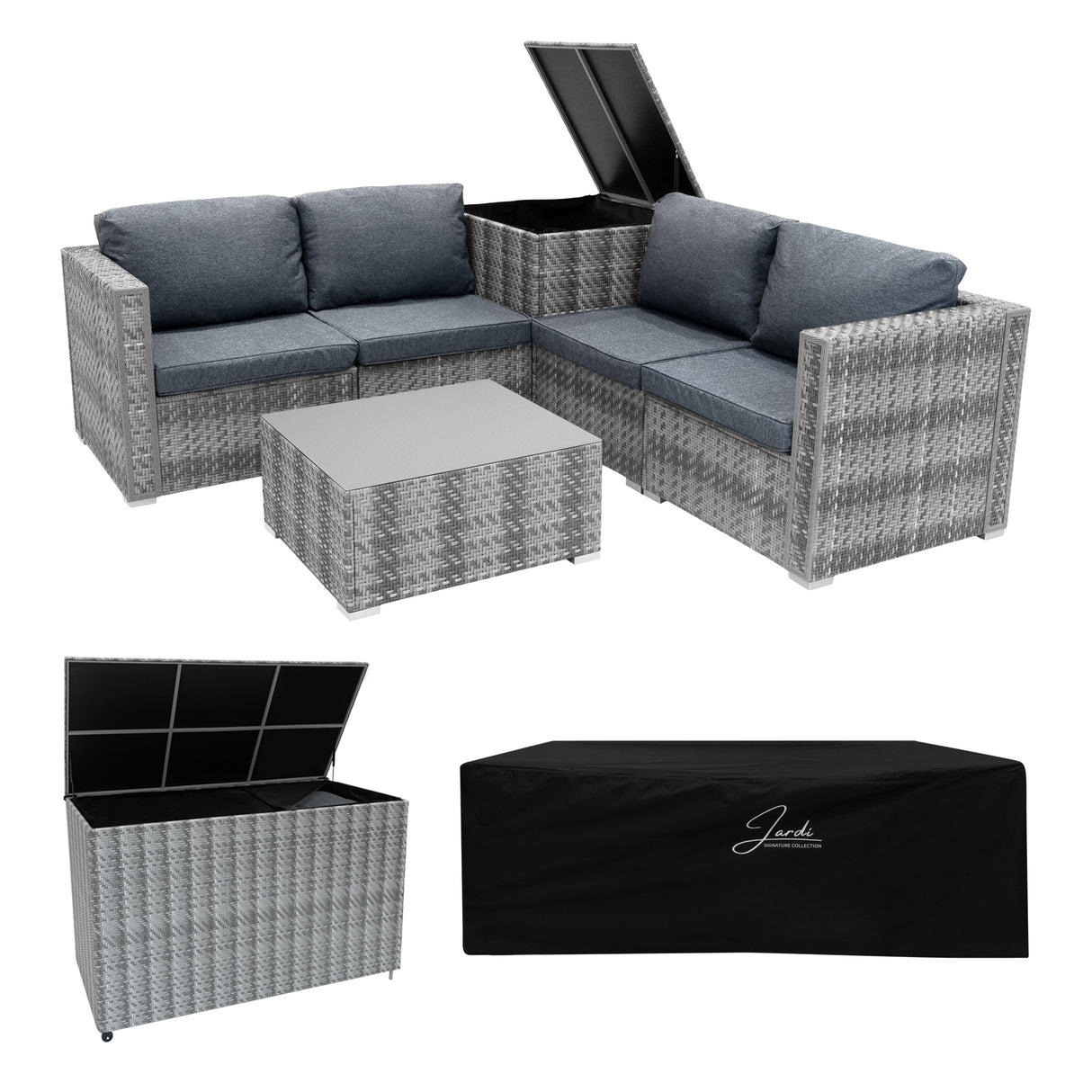 Salon de jardin modulaire en rotin gris avec coussins bleus, table basse, coffre de rangement de 700 L et housse de protection noire