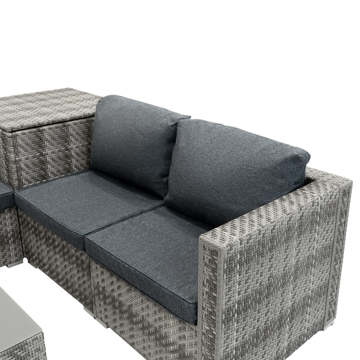 Salon de jardin modulaire en rotin gris avec coussins gris foncé, comprenant un canapé et un coffre de rangement de 700 L