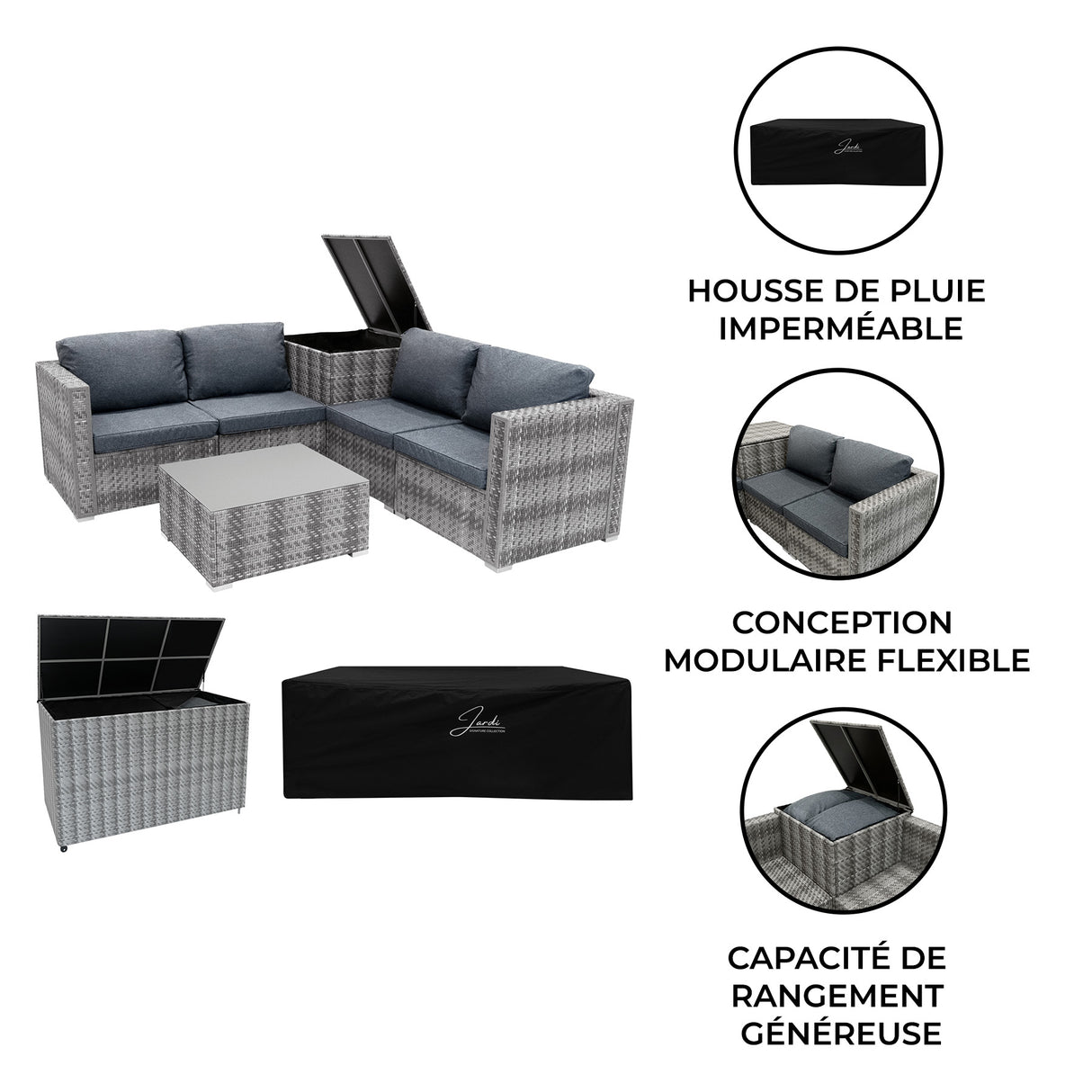 Salon de jardin modulaire en rotin gris avec coussins bleu, table basse, et coffre de rangement de 700 L, design moderne et élégant