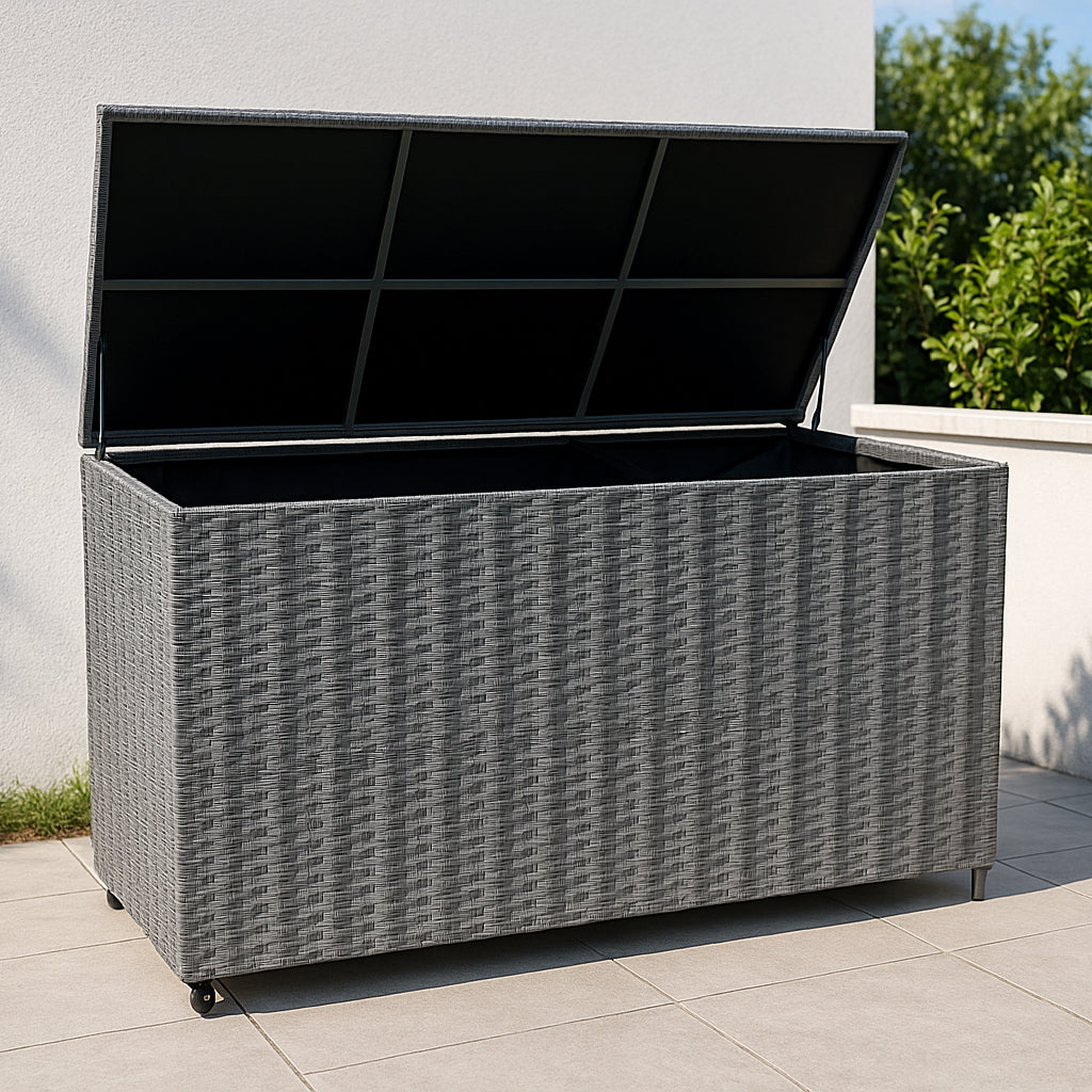 Coffre de rangement en rotin gris, texture tissée, ouvert pour révéler un espace de stockage spacieux, sur une terrasse en carrelage