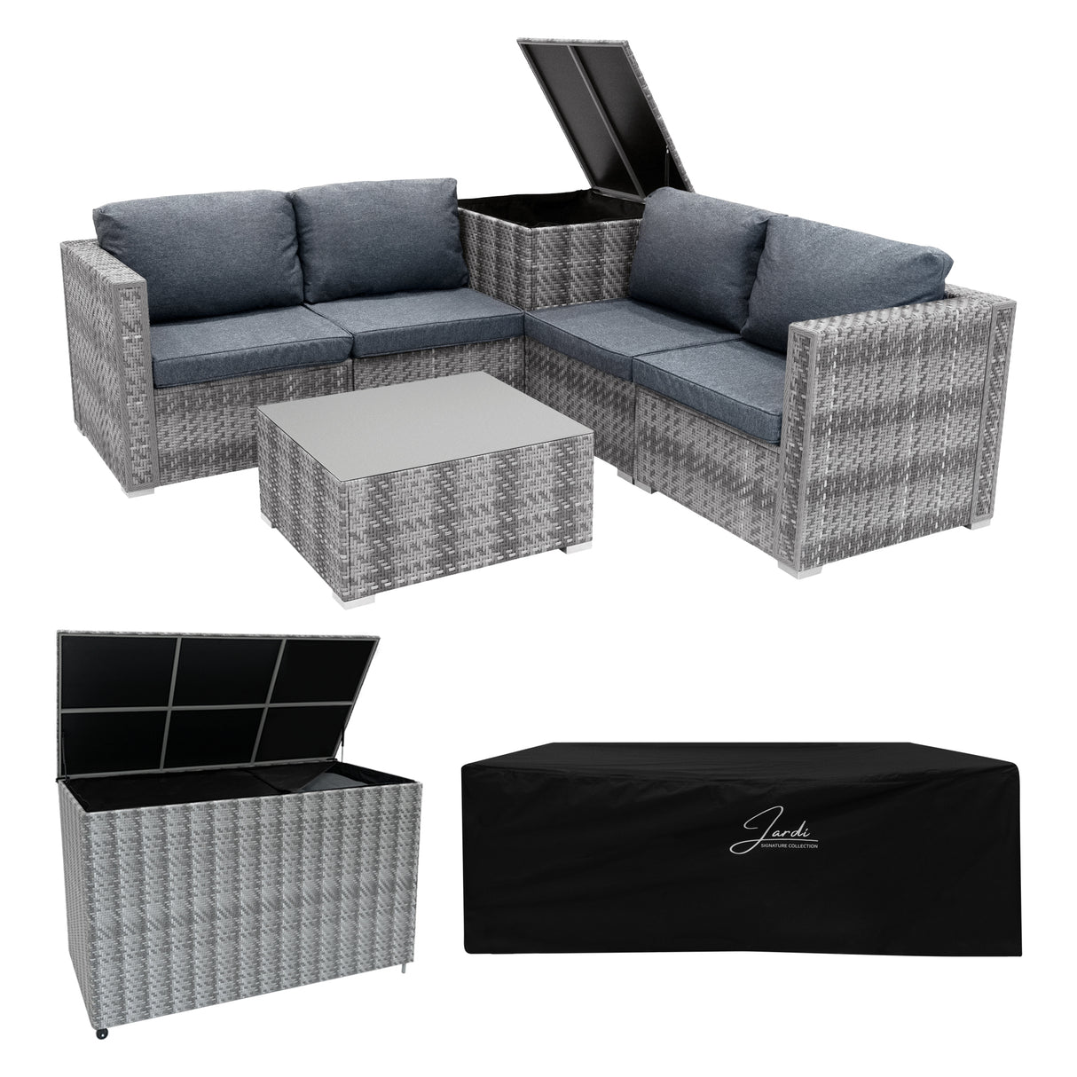 Salon de jardin modulaire en rotin gris avec coussins bleu, table basse, et coffre de rangement pratique pour extérieur