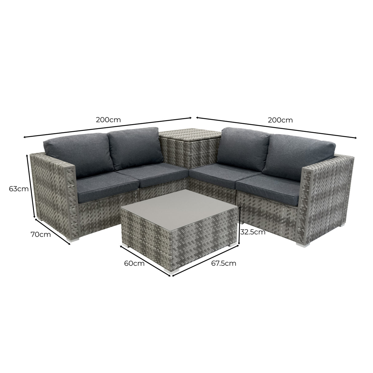 Salon de jardin modulaire en rotin gris avec coussins sombres, comprenant un canapé en L et une table basse élégante, dimensions incluses