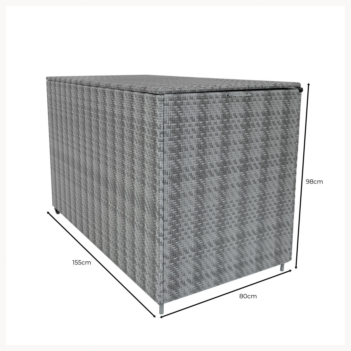 Coffre de rangement en rotin gris, dimensions 155x80x98 cm, texture tissée, design moderne et élégant pour le jardin