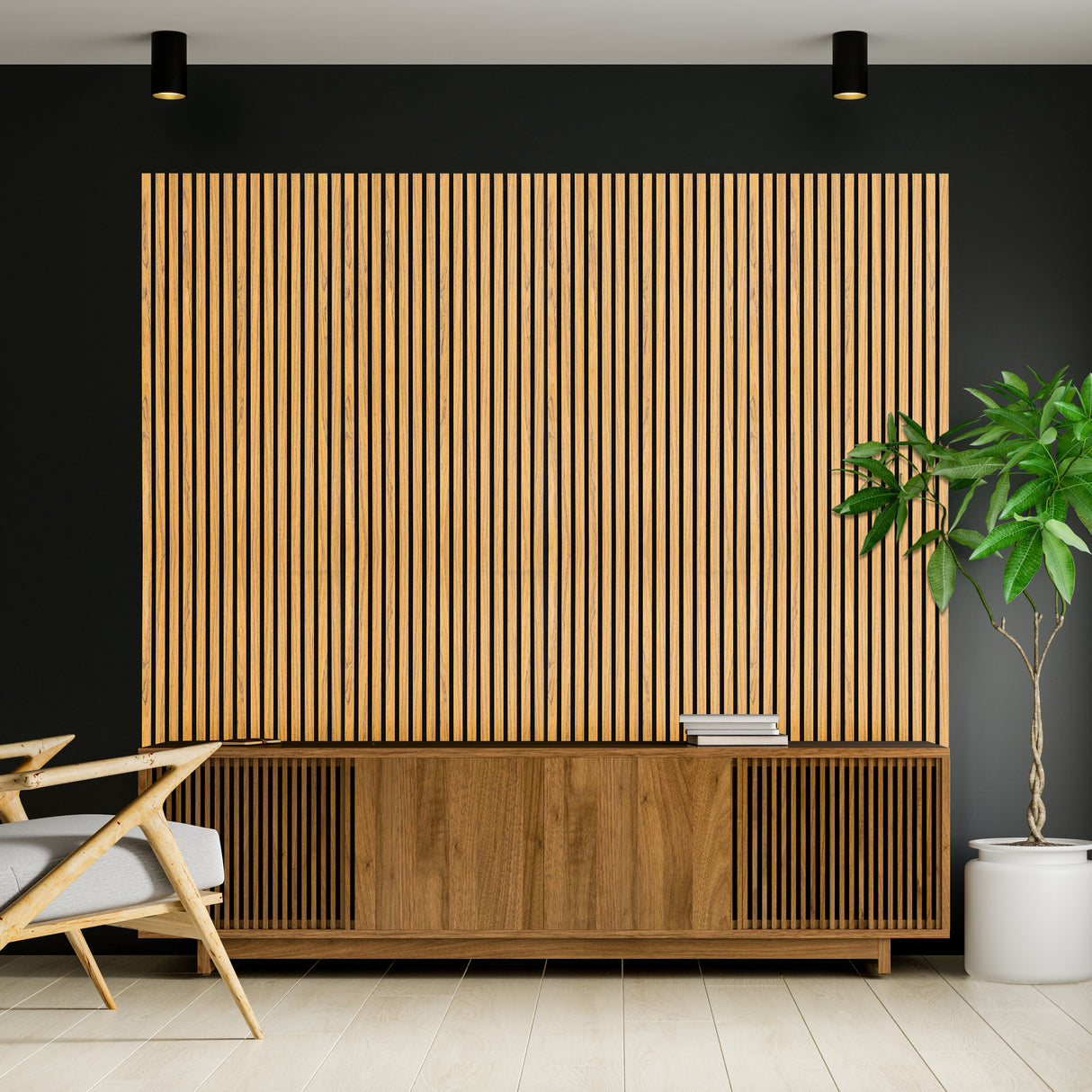 Panneaux lattes acoustiques muraux en chêne, finition naturelle, disposés verticalement, créant un effet moderne et chaleureux dans un intérieur élégant