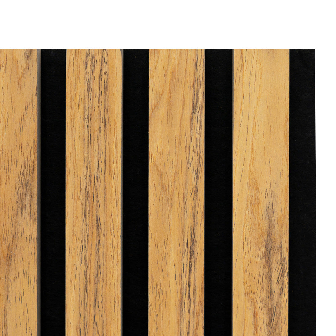 Panneaux lattes acoustiques muraux en chêne clair avec des bandes noires, présentant une texture lisse et un design moderne