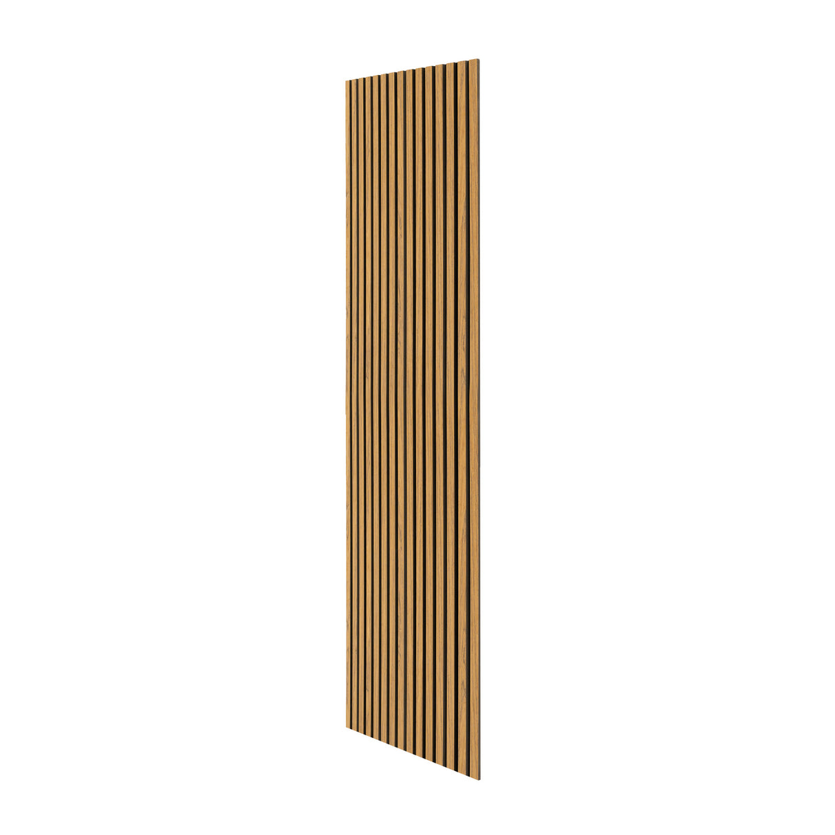 Panneaux lattes acoustiques muraux en chêne, présentant des lignes verticales en bois clair et foncé, offrant une texture naturelle élégante