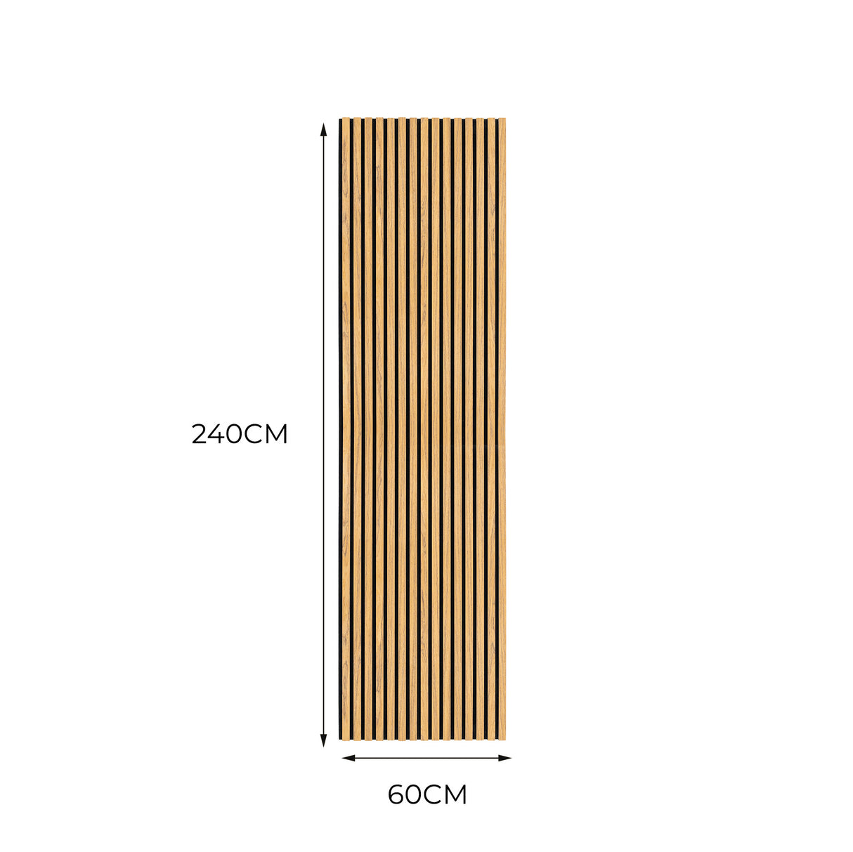 Panneaux acoustiques muraux en chêne, 240 cm de hauteur et 60 cm de largeur, avec une texture lisse et des lattes verticales élégantes