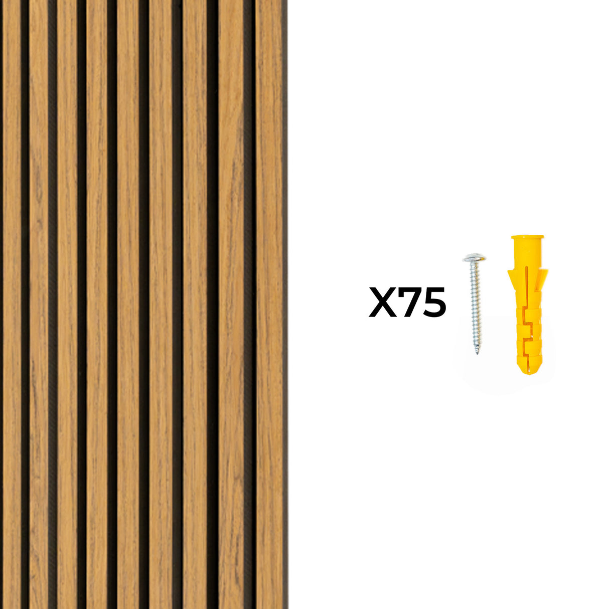 Panneaux lattes acoustiques muraux en chêne, finition lisse, couleur bois naturel, accompagnés de vis et chevilles jaunes