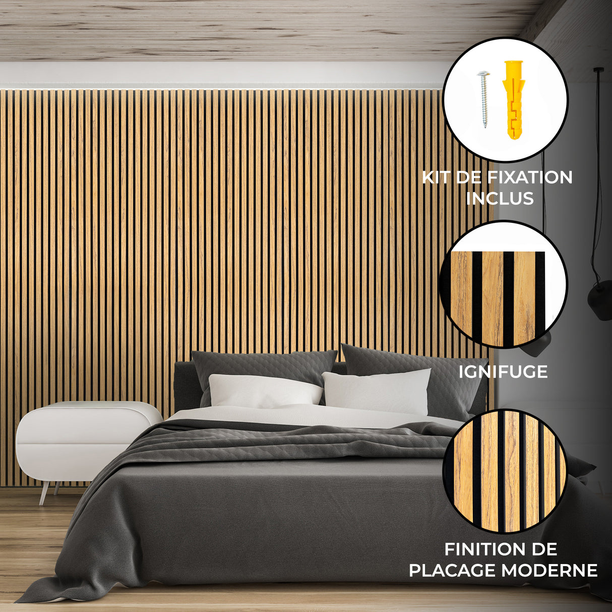 Panneaux lattes acoustiques muraux en chêne clair, finition moderne, avec texture lisse, installés derrière un lit contemporain