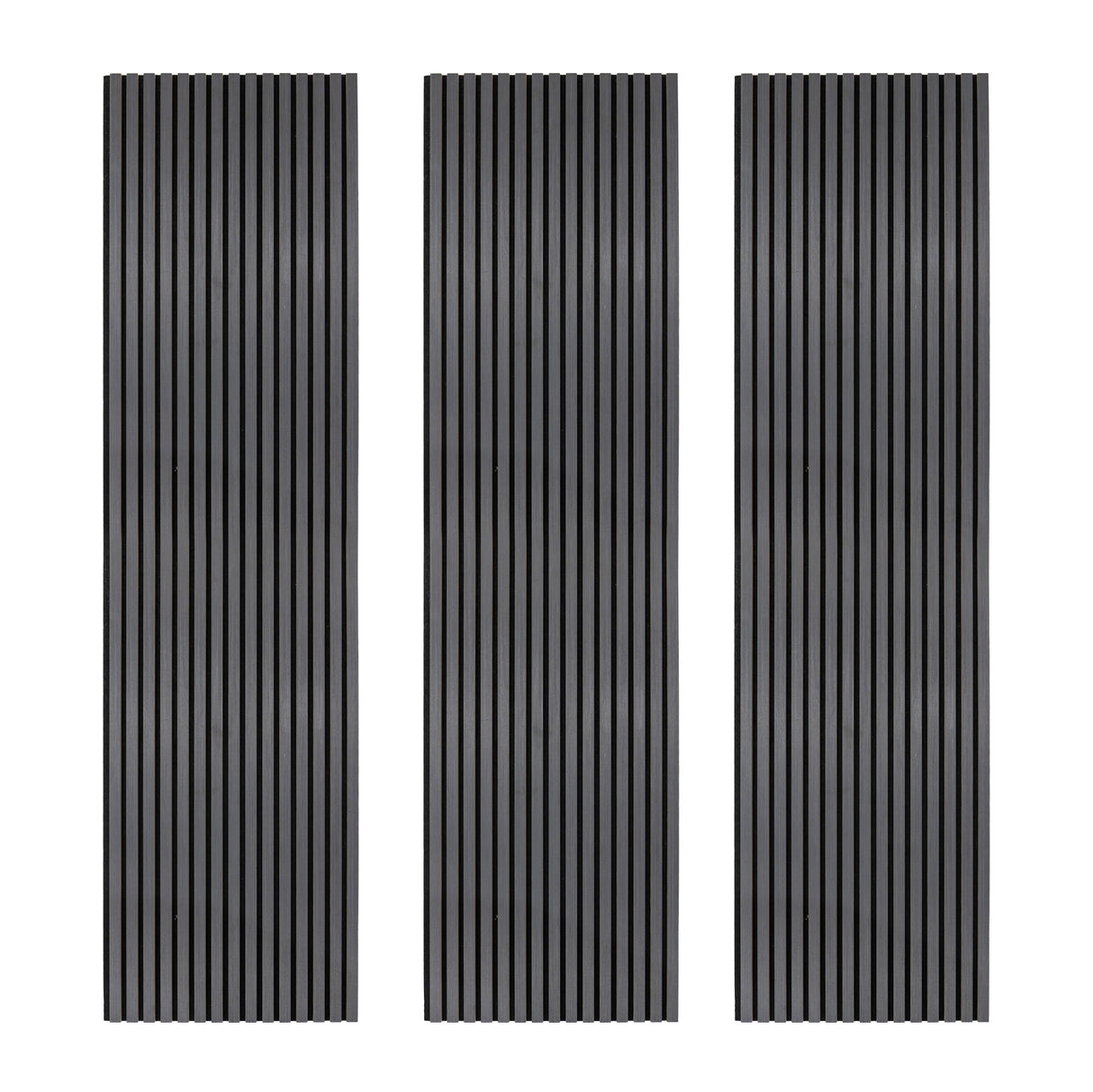 Panneaux lattes acoustiques muraux en gris anthracite, avec une texture lisse et des lignes verticales, offrant une isolation sonore élégante