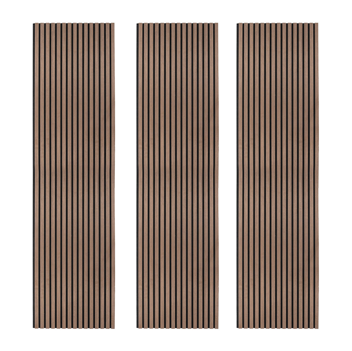 Trois panneaux acoustiques muraux en noyer foncé avec des lattes verticales, offrant une texture élégante et moderne pour l'intérieur