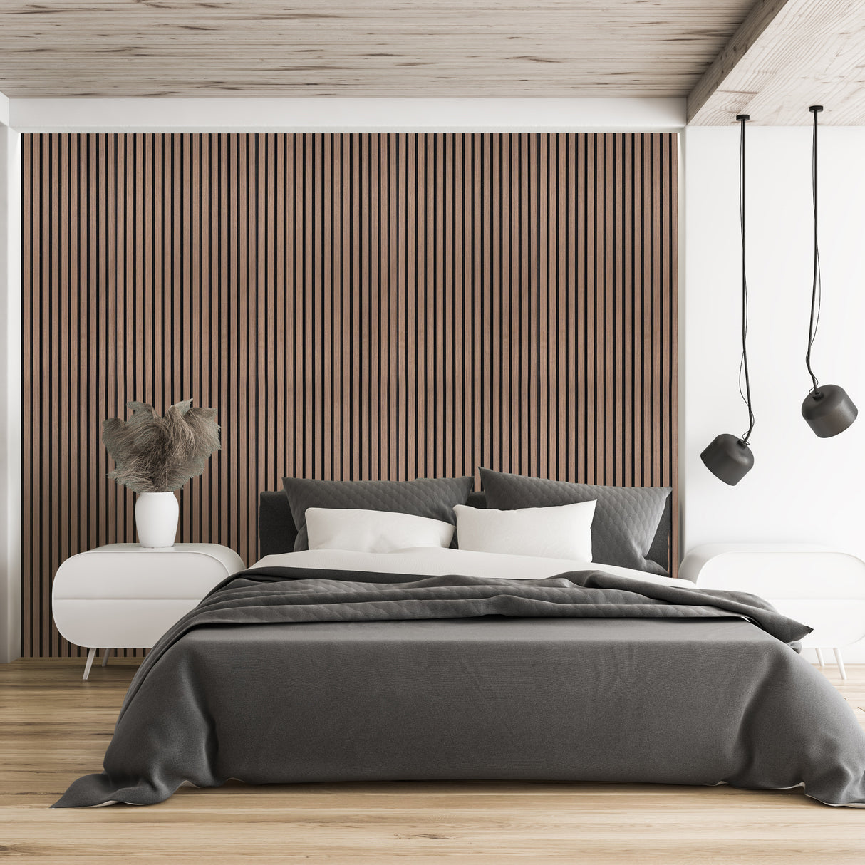 Panneaux lattes acoustiques muraux en noyer foncé, ajoutant une texture élégante et chaleureuse à une chambre moderne avec lit gris