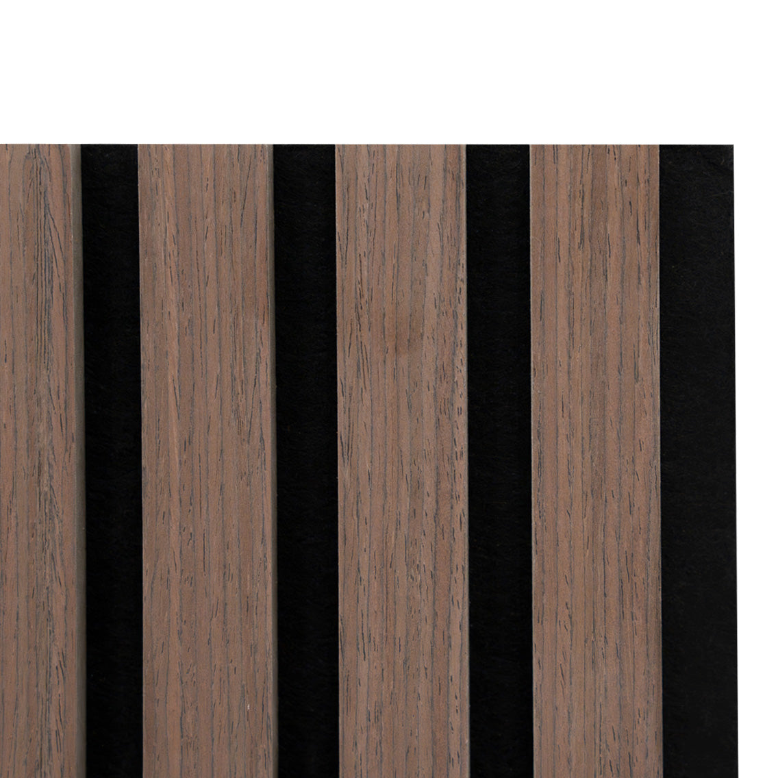 Panneaux lattes acoustiques muraux en noyer foncé, présentant une texture lisse et des lignes verticales élégantes pour une décoration moderne