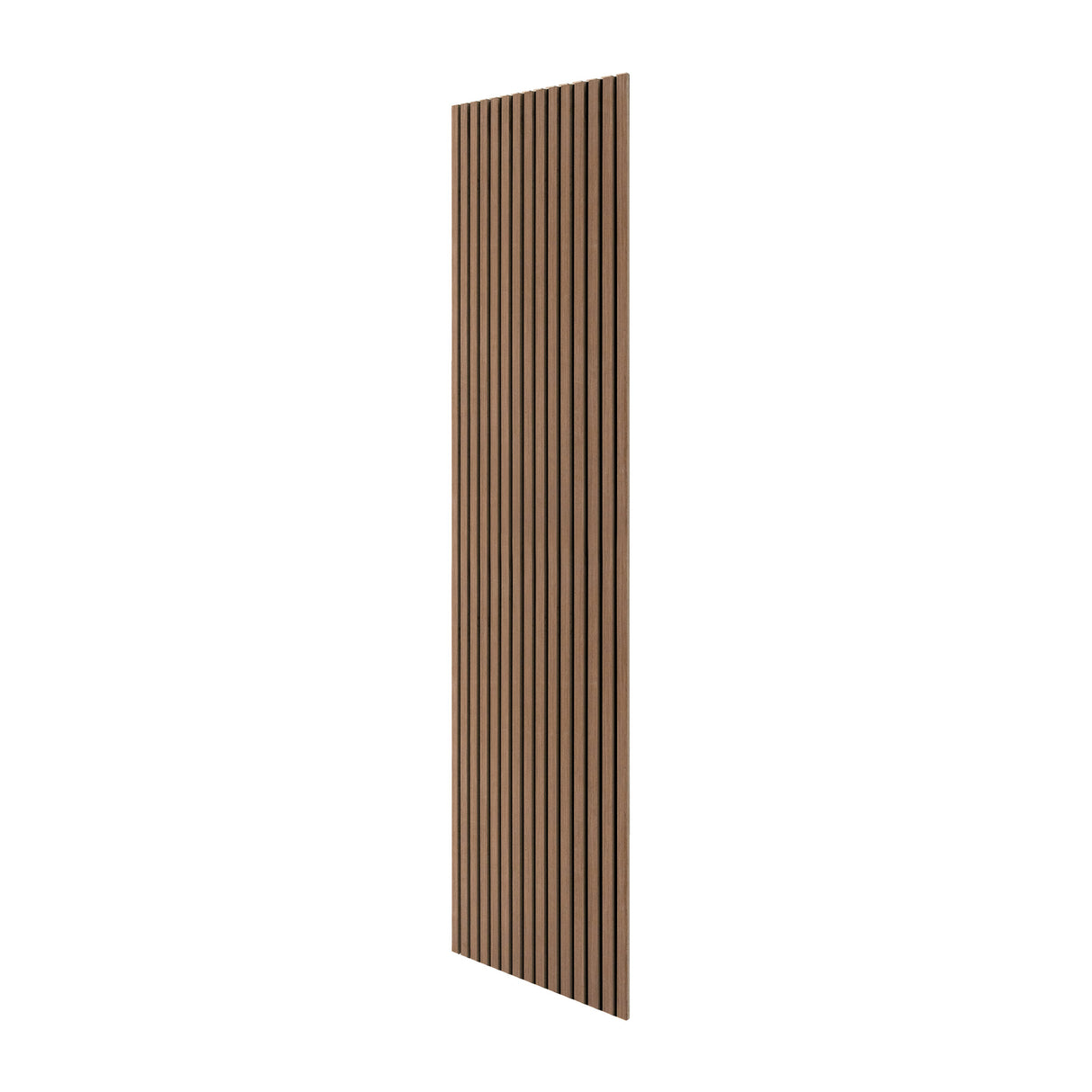 Panneaux acoustiques muraux en noyer foncé, présentant des lattes verticales, texture lisse et finition élégante pour une décoration moderne