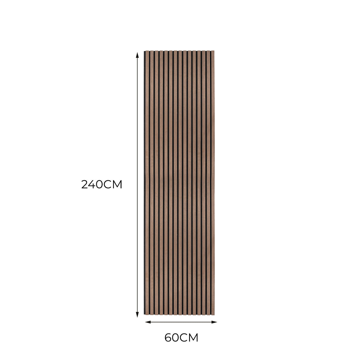 Panneau acoustique mural en noyer foncé, dimensions 240 cm x 60 cm, avec des lattes verticales et une texture lisse et élégante