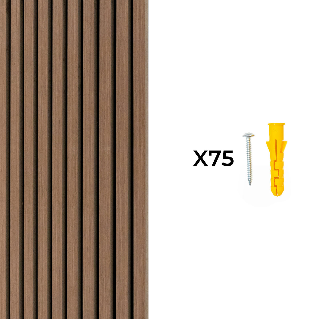 Panneaux lattes acoustiques muraux en noyer foncé, texture lisse, accompagnés de vis et chevilles pour installation facile