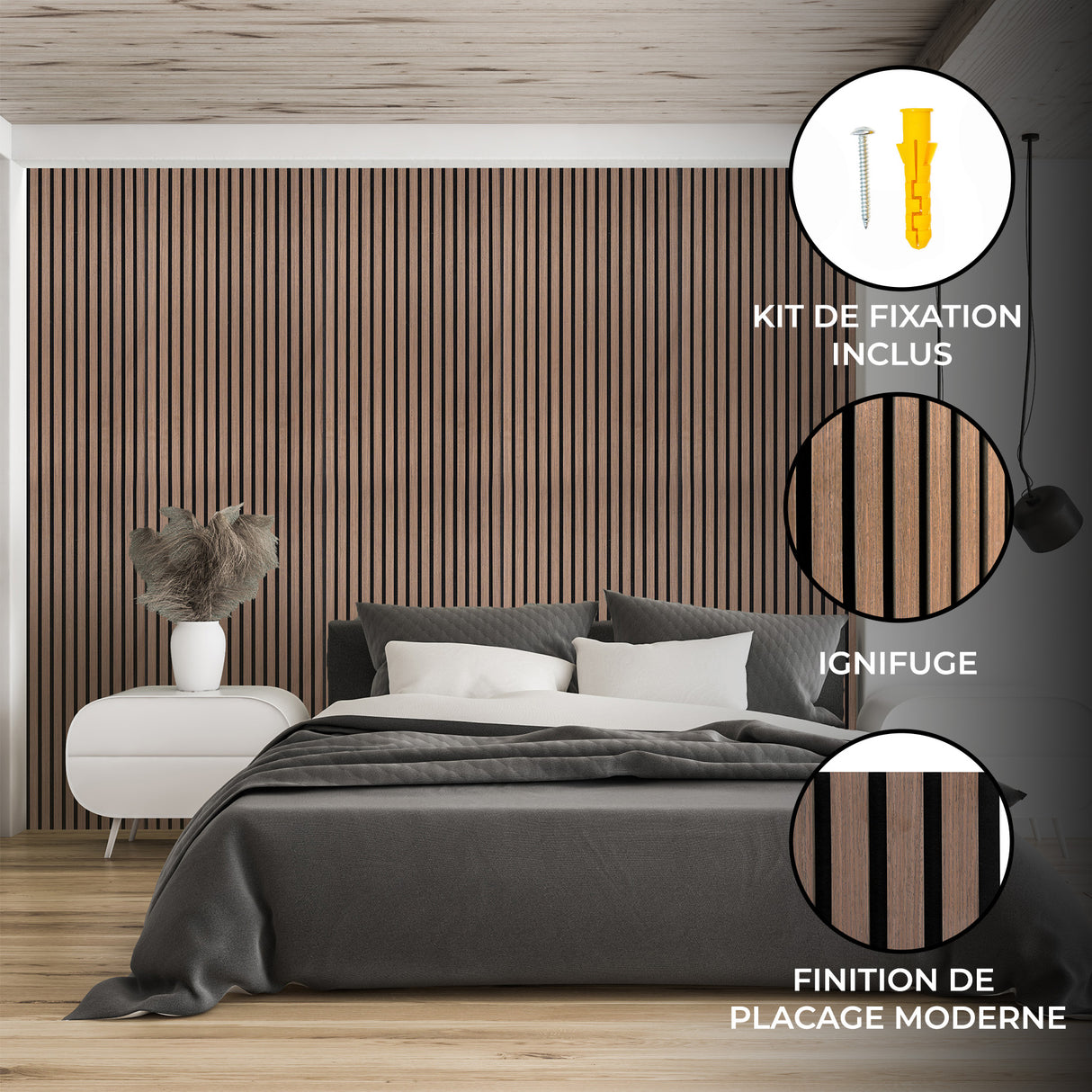 Panneaux lattes acoustiques muraux en noyer foncé, finition moderne, ajoutent une texture élégante à un intérieur contemporain