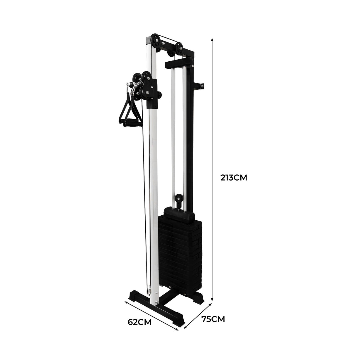 Station de traction murale en métal noir et argent, avec câble, poulies et poids, dimensions 213 cm de hauteur, 75 cm de largeur, 62 cm de profondeur