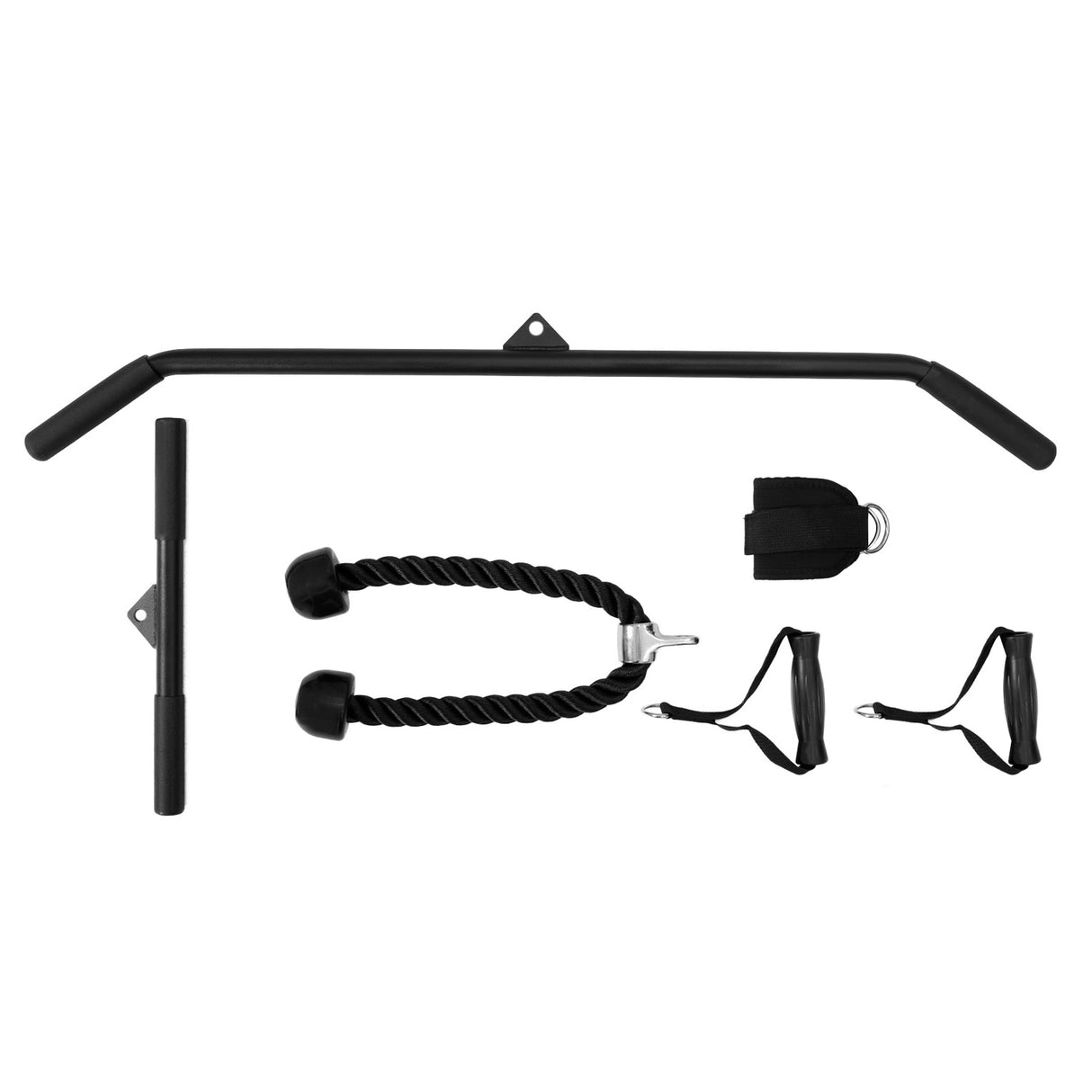 Station de traction murale avec barre noire, cordes enroulées, poignées ergonomiques et accessoires en métal pour un entraînement complet