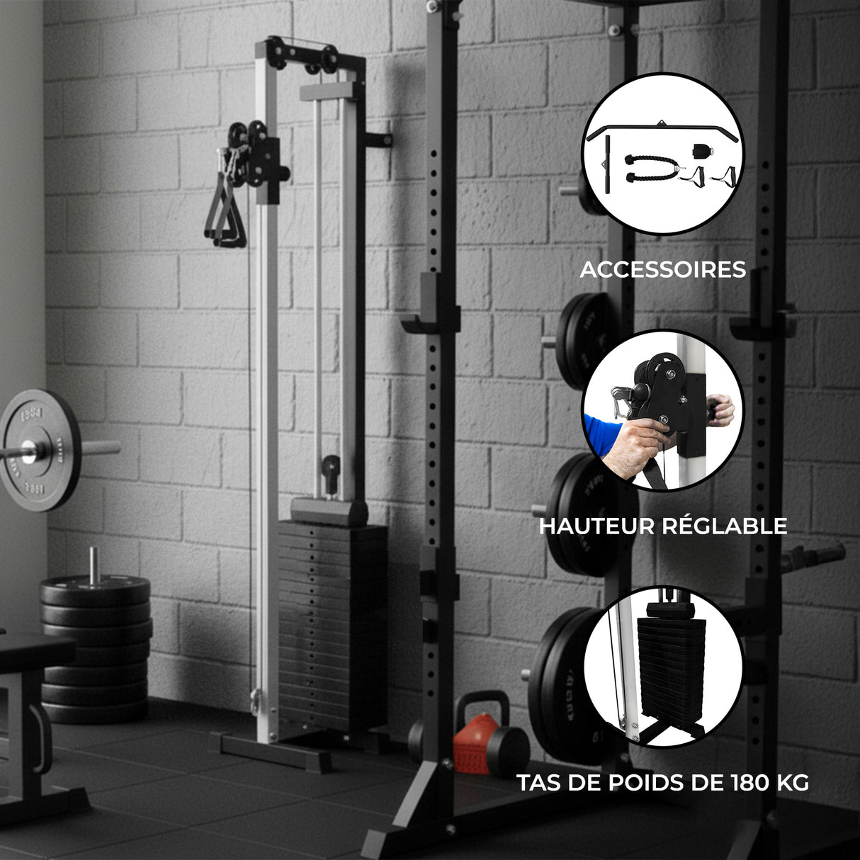 Station de traction murale en métal noir, hauteur réglable, équipée d'accessoires, avec poids de 180 kg et barres de musculation