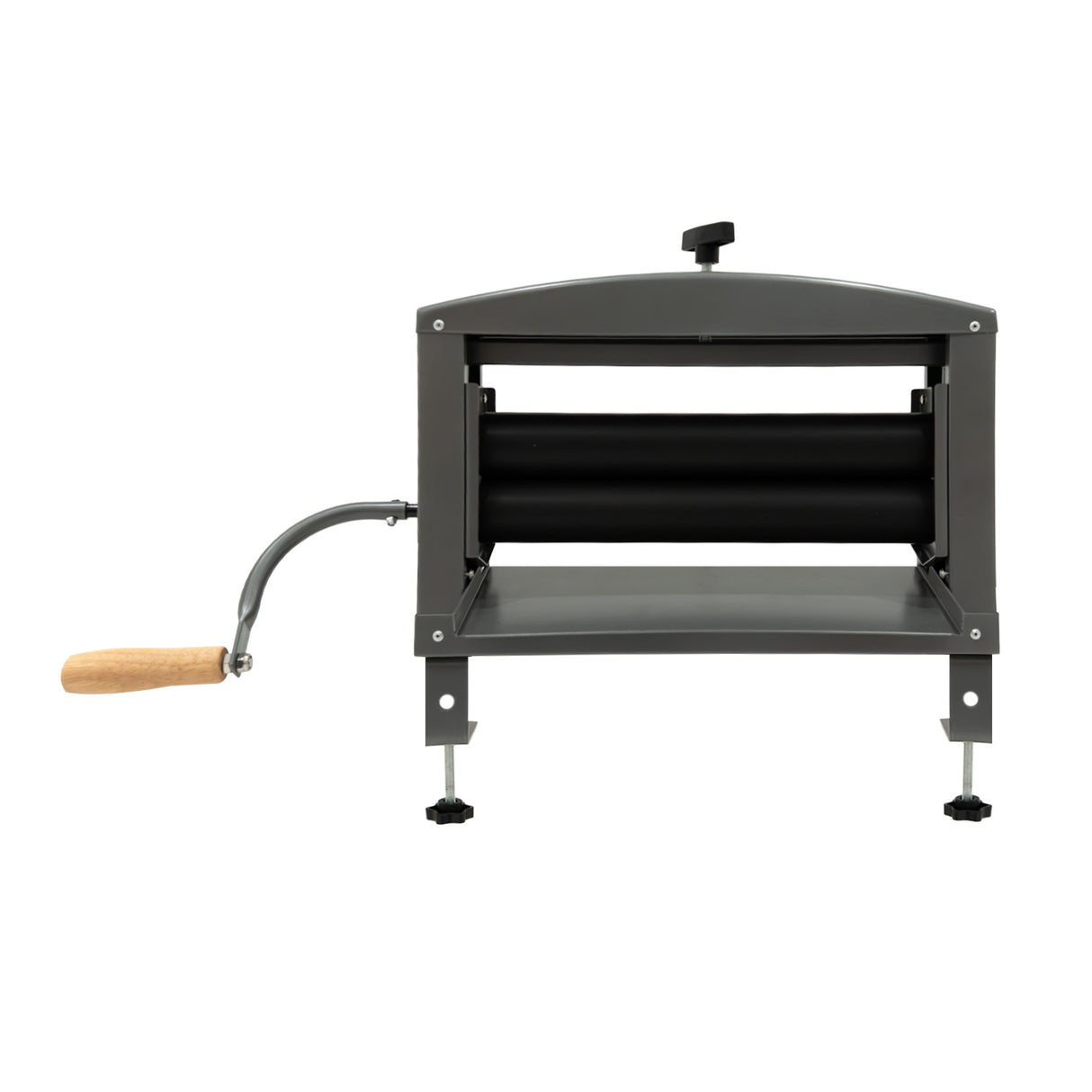 Essoreuse à rouleaux manuel en métal gris avec rouleau noir, poignée en bois, design compact et robuste, idéale pour la cuisine