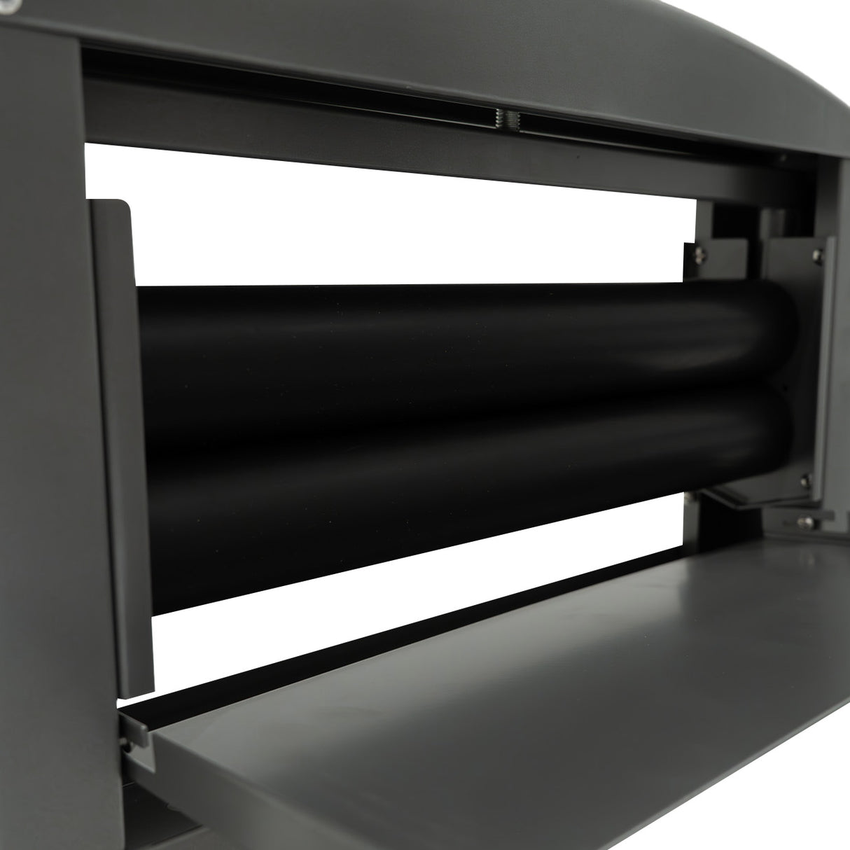 Essoreuse à rouleaux manuel avec rouleaux noirs en plastique, cadre en métal gris, surface lisse et design compact pour un rangement facile