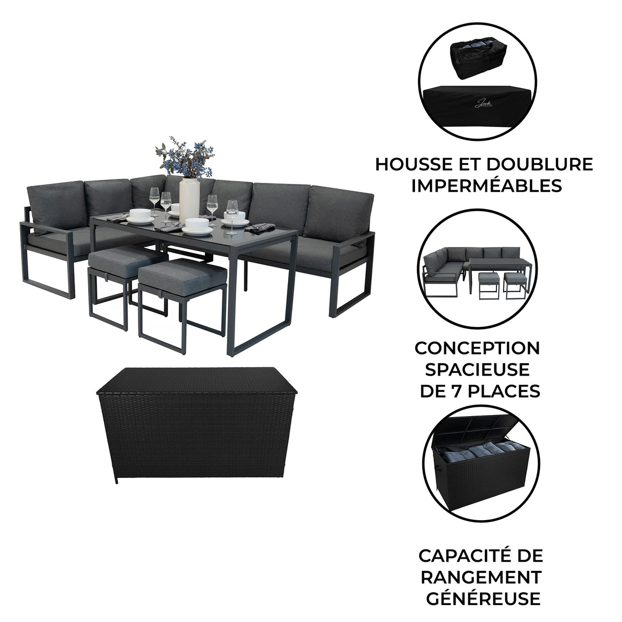 Lot de Salon de Jardin 5 Pièces en Aluminium Gris Anthracite & Coffre de Rangement 582 L en Rotin Noir