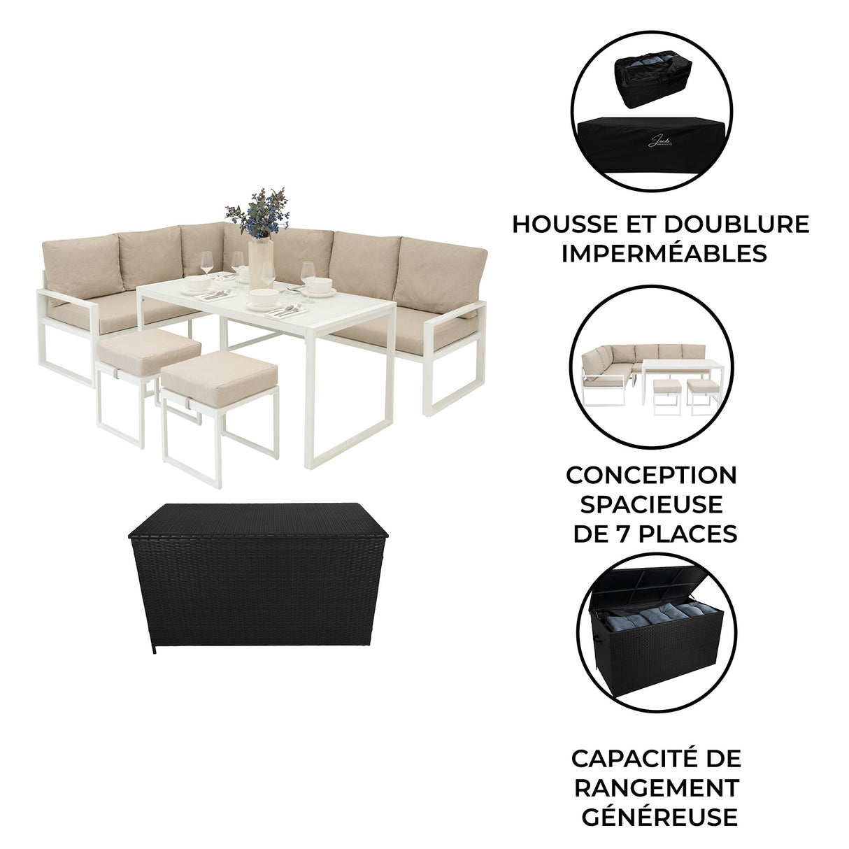 Lot de Salon de Jardin 5 Pièces en Aluminium Blanc & Coffre de Rangement 582 L en Rotin Noir