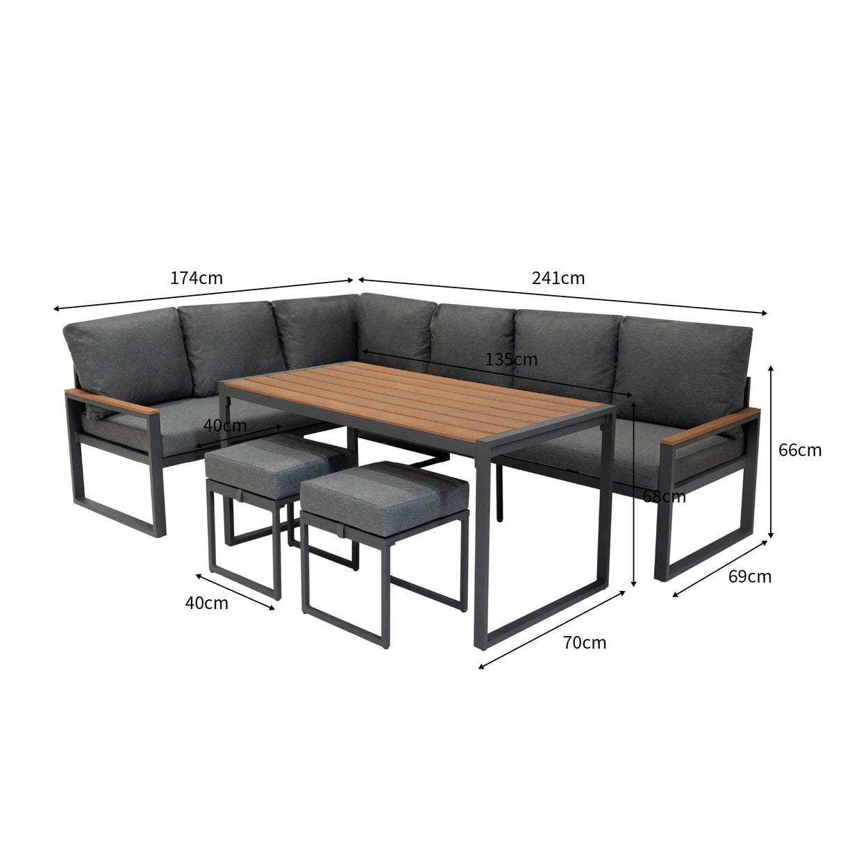 Lot de Salon de Jardin 5 Pièces en Aluminium Effet Bois & Coffre de Rangement 582 L en Rotin Noir