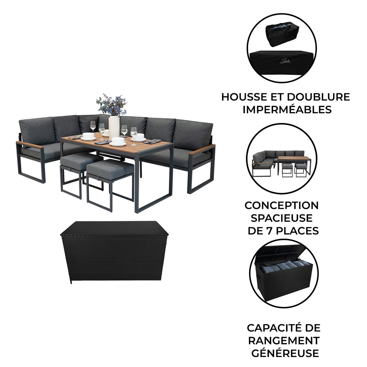 Lot de Salon de Jardin 5 Pièces en Aluminium Effet Bois & Coffre de Rangement 582 L en Rotin Noir