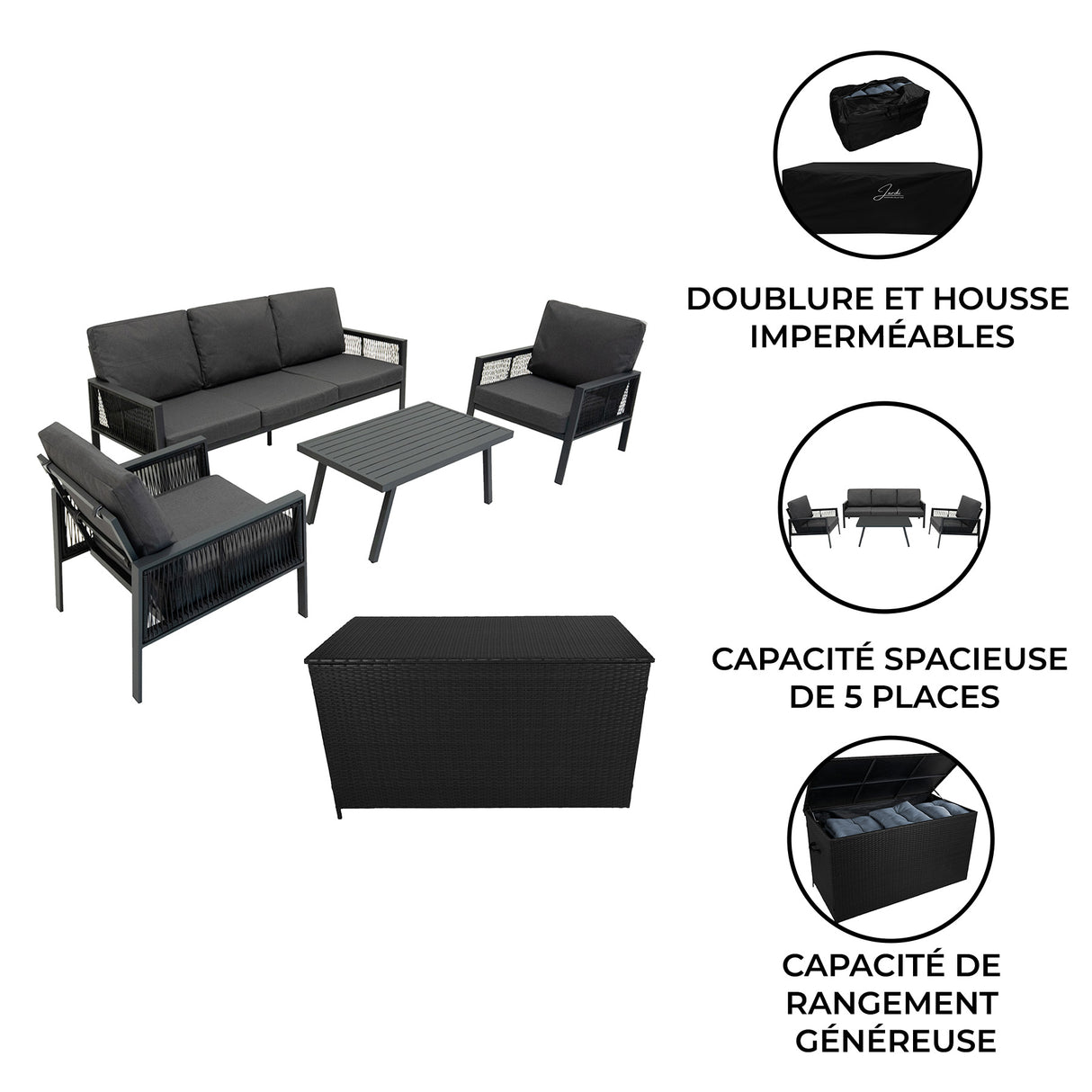 Lot de Salon de Jardin 4 Pièces en Aluminium Gris Anthracite & Coffre de Rangement 582 L en Rotin Noir