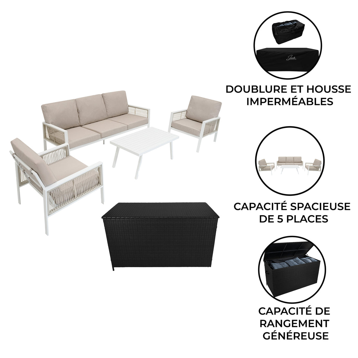 Lot de Salon de Jardin 4 Pièces en Aluminium Blanc & Coffre de Rangement 582 L en Rotin Noir