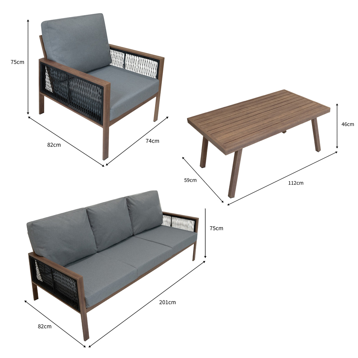 Lot de Salon de Jardin 4 Pièces en Aluminium Effet Bois & Coffre de Rangement 582 L en Rotin Noir