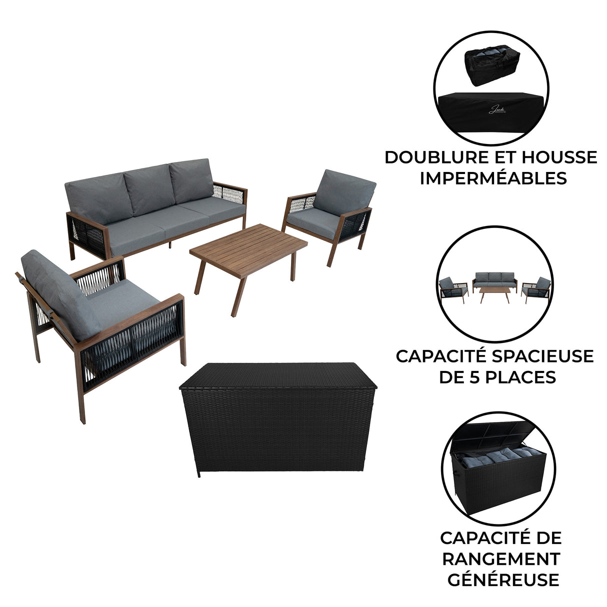 Lot de Salon de Jardin 4 Pièces en Aluminium Effet Bois & Coffre de Rangement 582 L en Rotin Noir