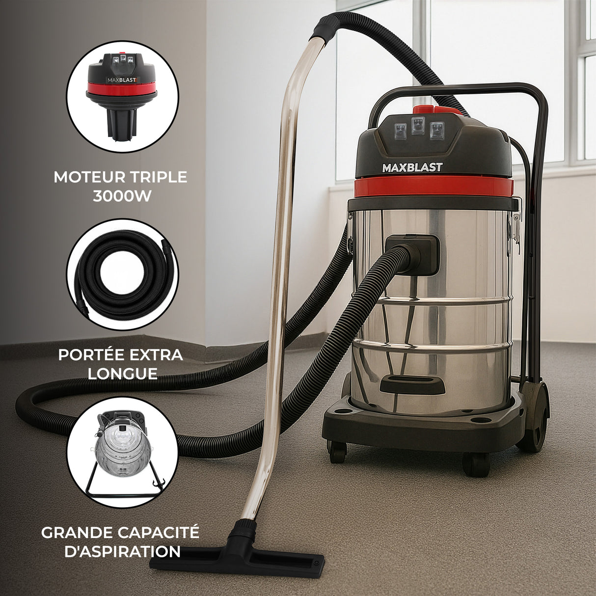 MAXBLAST Lot de Aspirateur Industriel de 80 L, Tuyau de 5 m & Accessoires