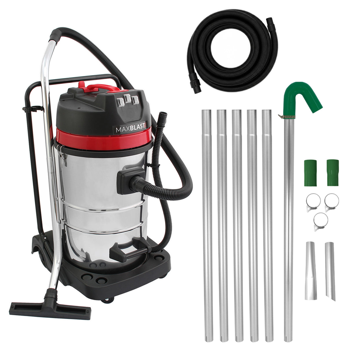 MAXBLAST Lot de Aspirateur Industriel 80 L, Perche pour Gouttières & Tuyau de 5 m