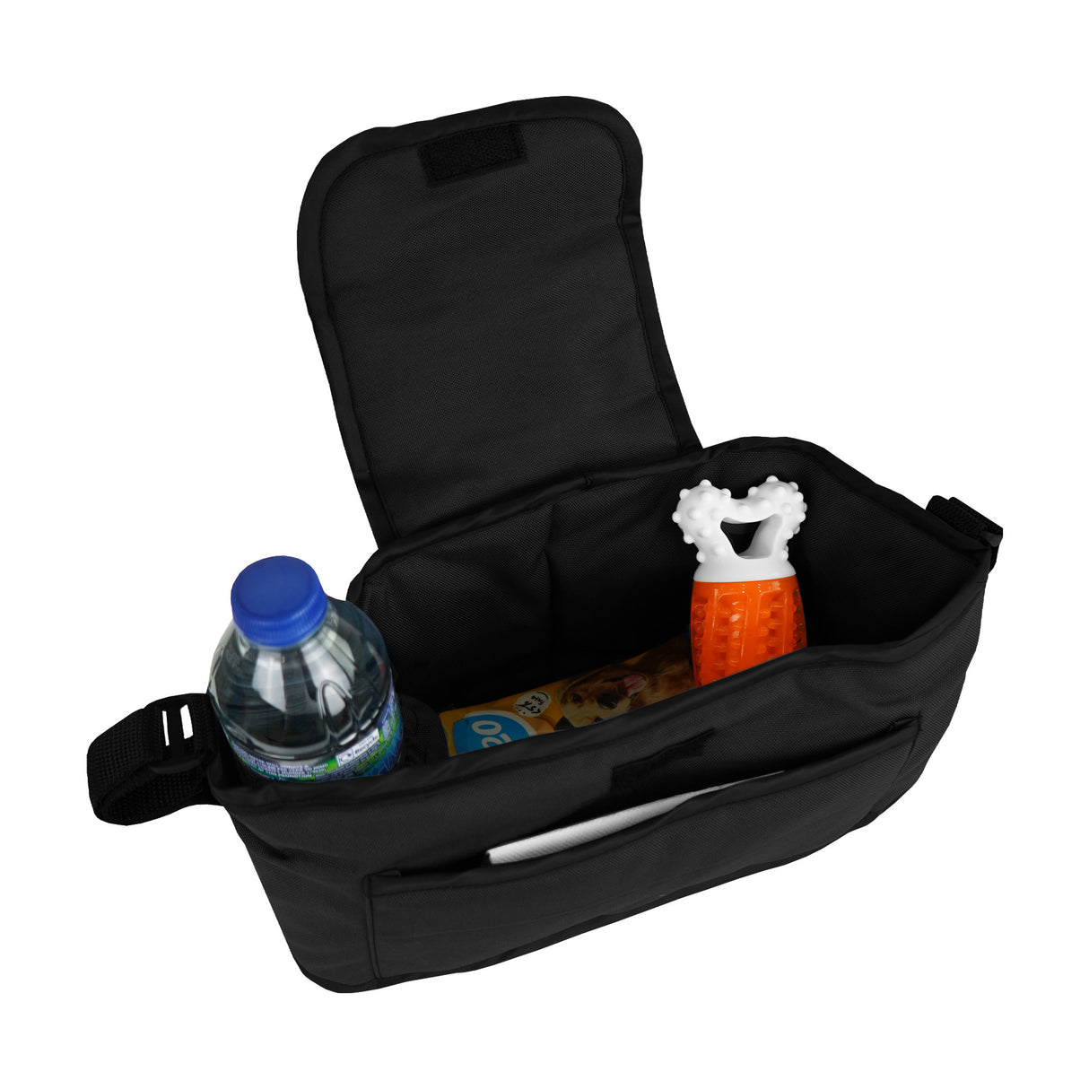 Sac de rangement noir pour poussette, contenant une bouteille d'eau, une collation et un jouet pour animal de compagnie