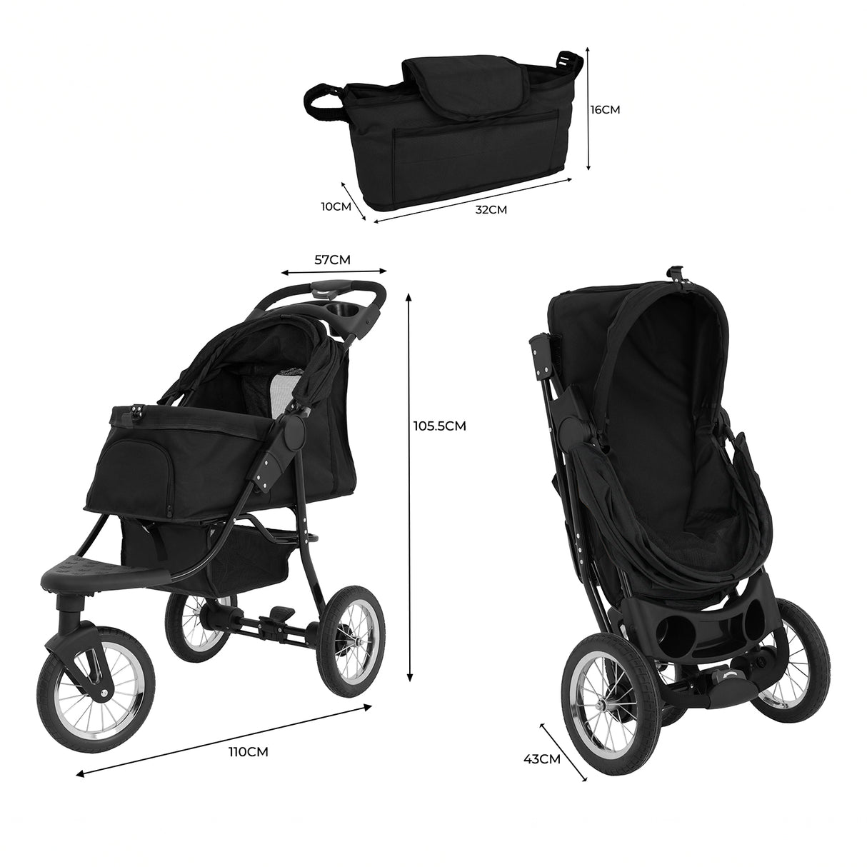 Poussette jogger pour animal de compagnie noire avec panier, roues robustes et design pliable, idéale pour les promenades actives