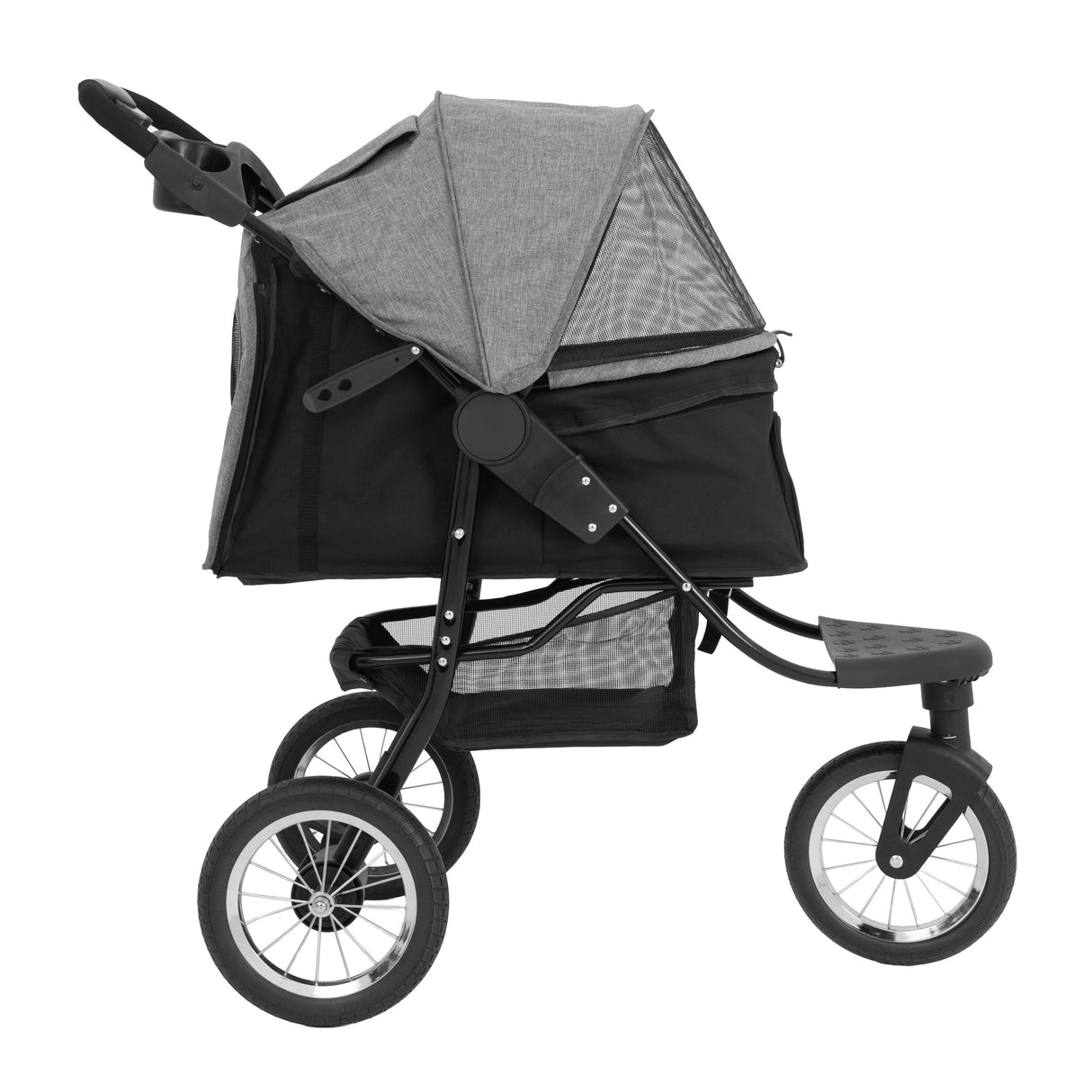 Poussette jogger pour animal de compagnie en gris, avec un toit en tissu, roues robustes et panier de rangement en dessous