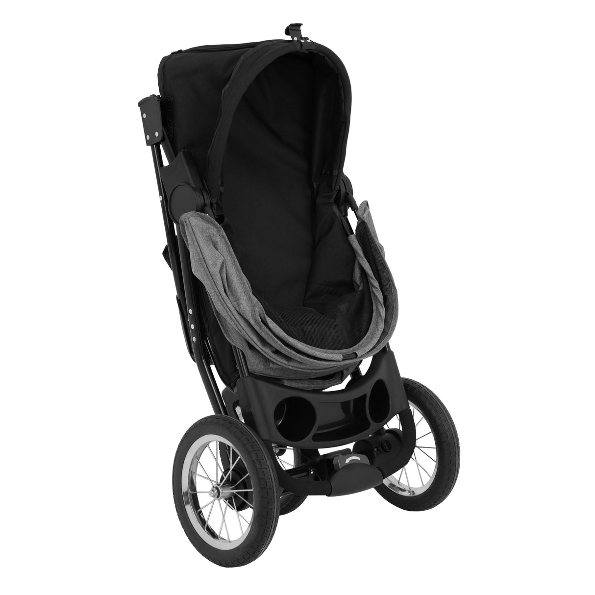 Poussette jogger pour animal de compagnie en gris, avec un cadre robuste, un siège spacieux et des roues tout terrain pour confort et mobilité